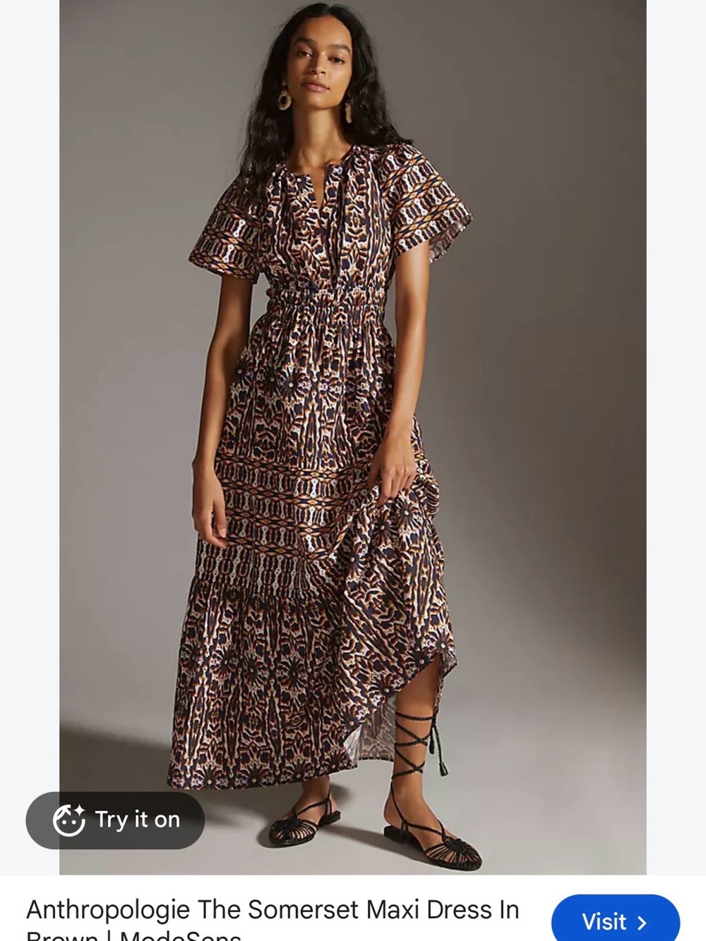 Anthropologie Brown and Cream Patterned Somerset Maxi Dress